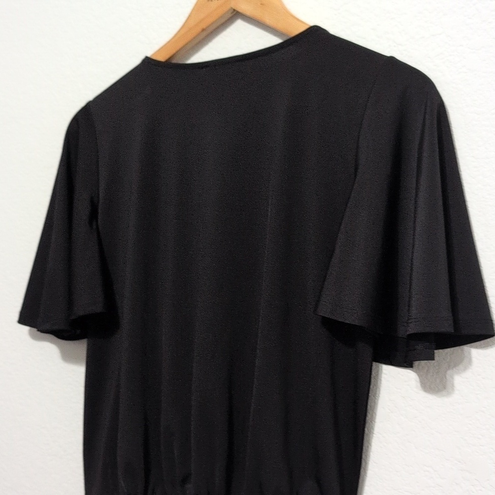 EXPRESS Satin Black Flutter Sleeve Wrap Front Bodysuit Women's Size Small - Picture 9 of 13